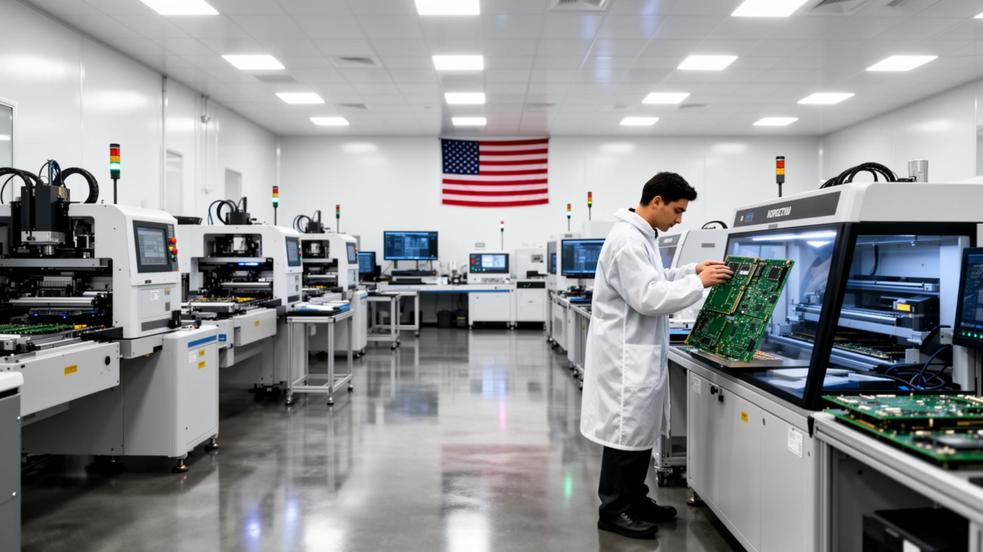 SmartFab California SMT cleanroom with technician inspecting assembled board