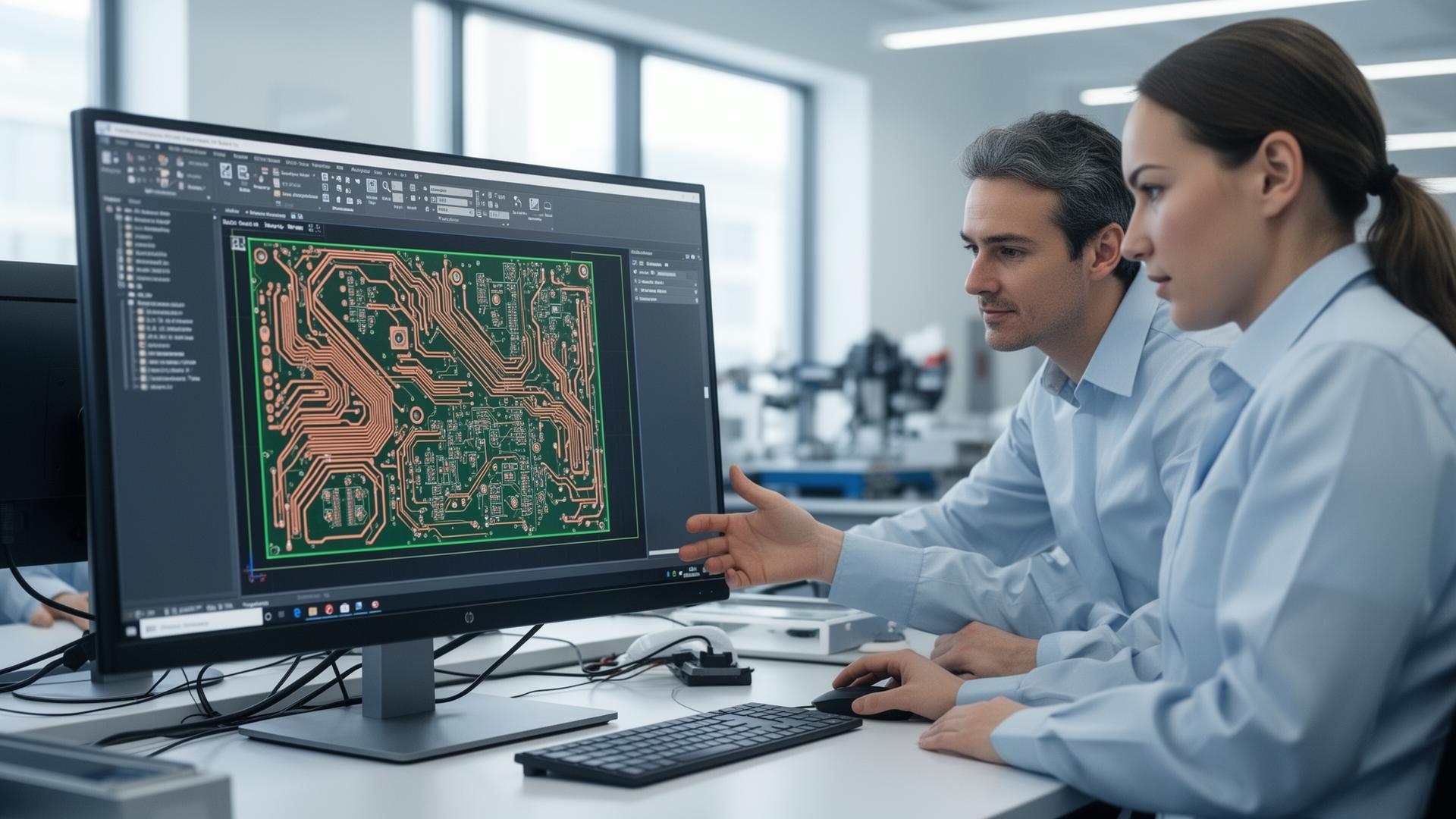 SmartFab PCB engineers reviewing a circuit board layout on a CAD workstation