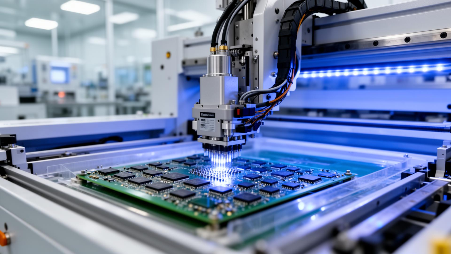Modern automated PCB pick-and-place machine in a cleanroom fabrication facility