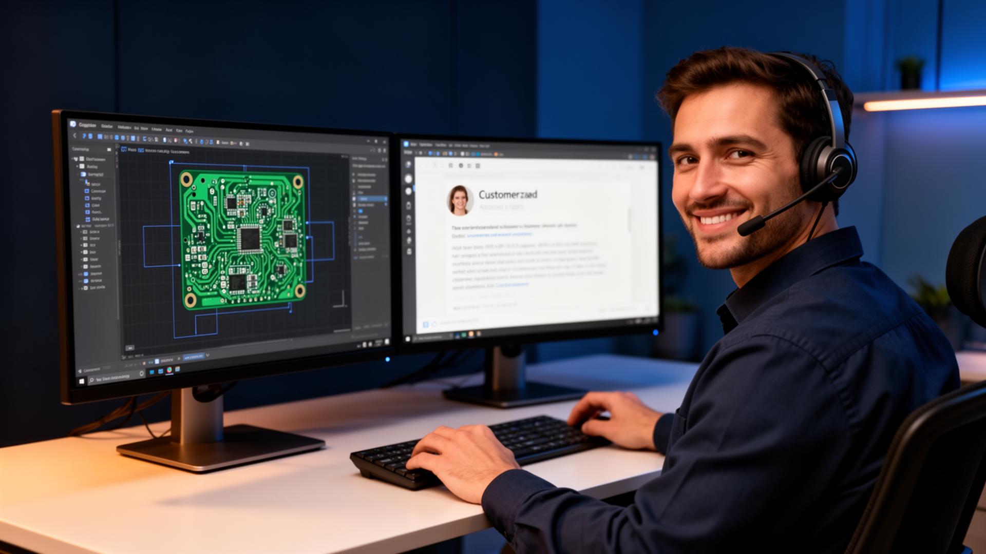 SmartFab customer support engineer at desk with PCB design open on monitor