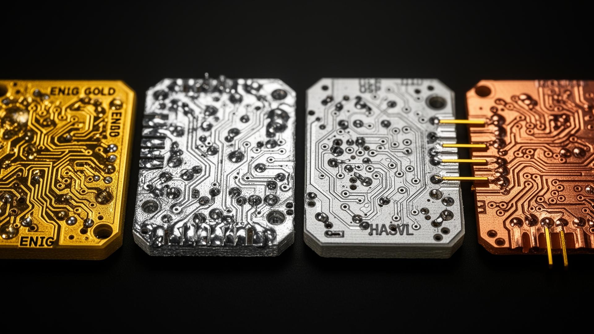 Comparison of PCB surface finishes: ENIG gold, HASL silver, immersion silver and bare copper OSP