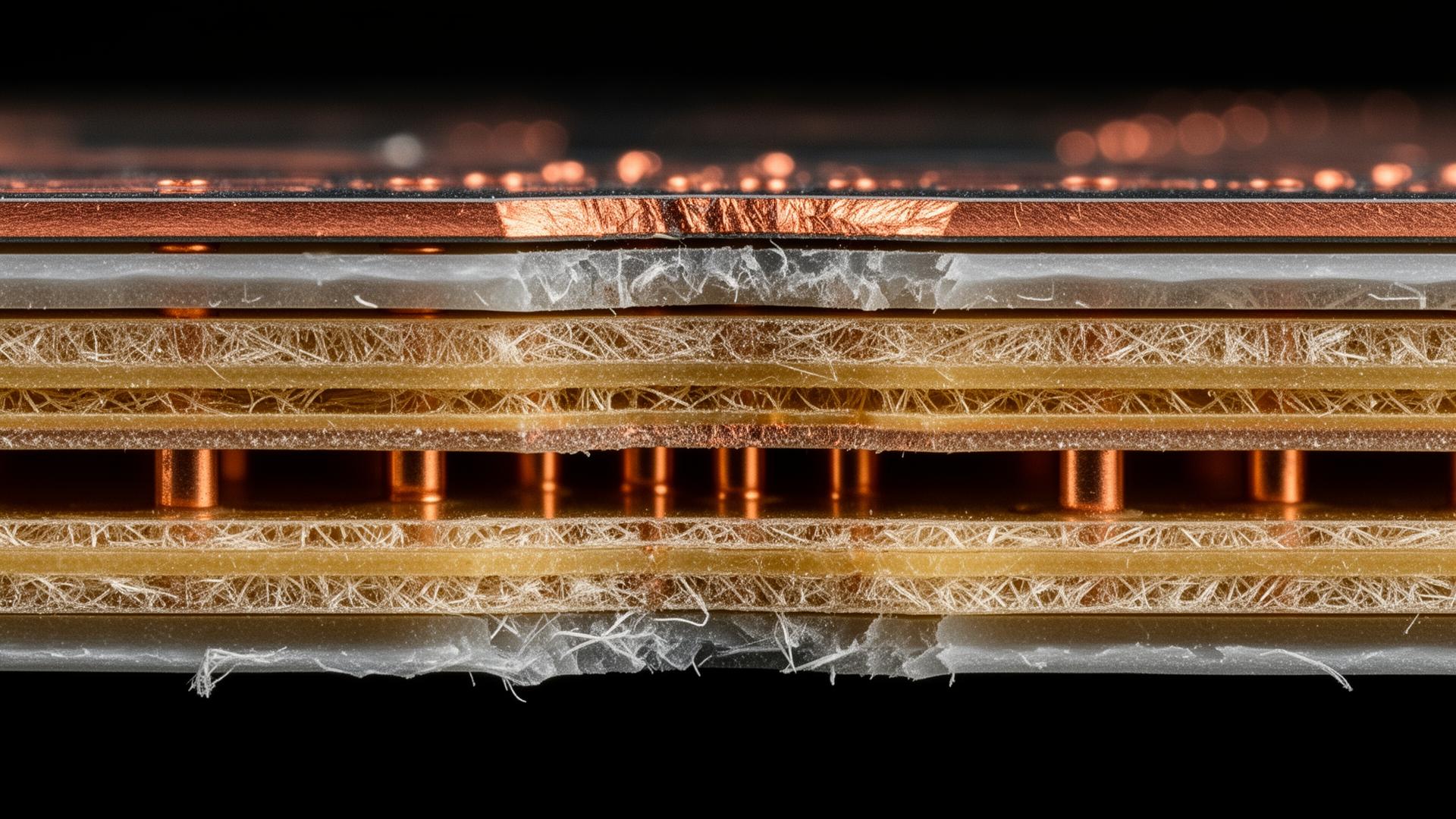 Macro cross-section of a multilayer PCB stackup showing copper layers, prepreg and FR-4 core