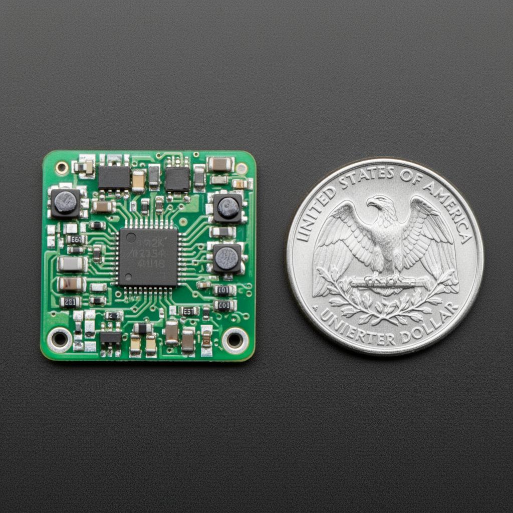 Small populated PCB assembly next to a US quarter coin