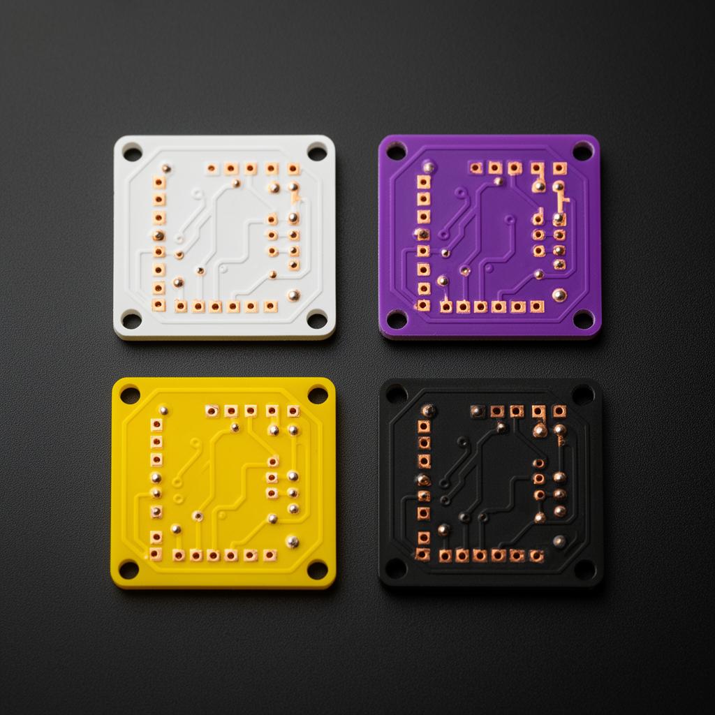 Four PCB samples in white, purple, yellow, and matte black