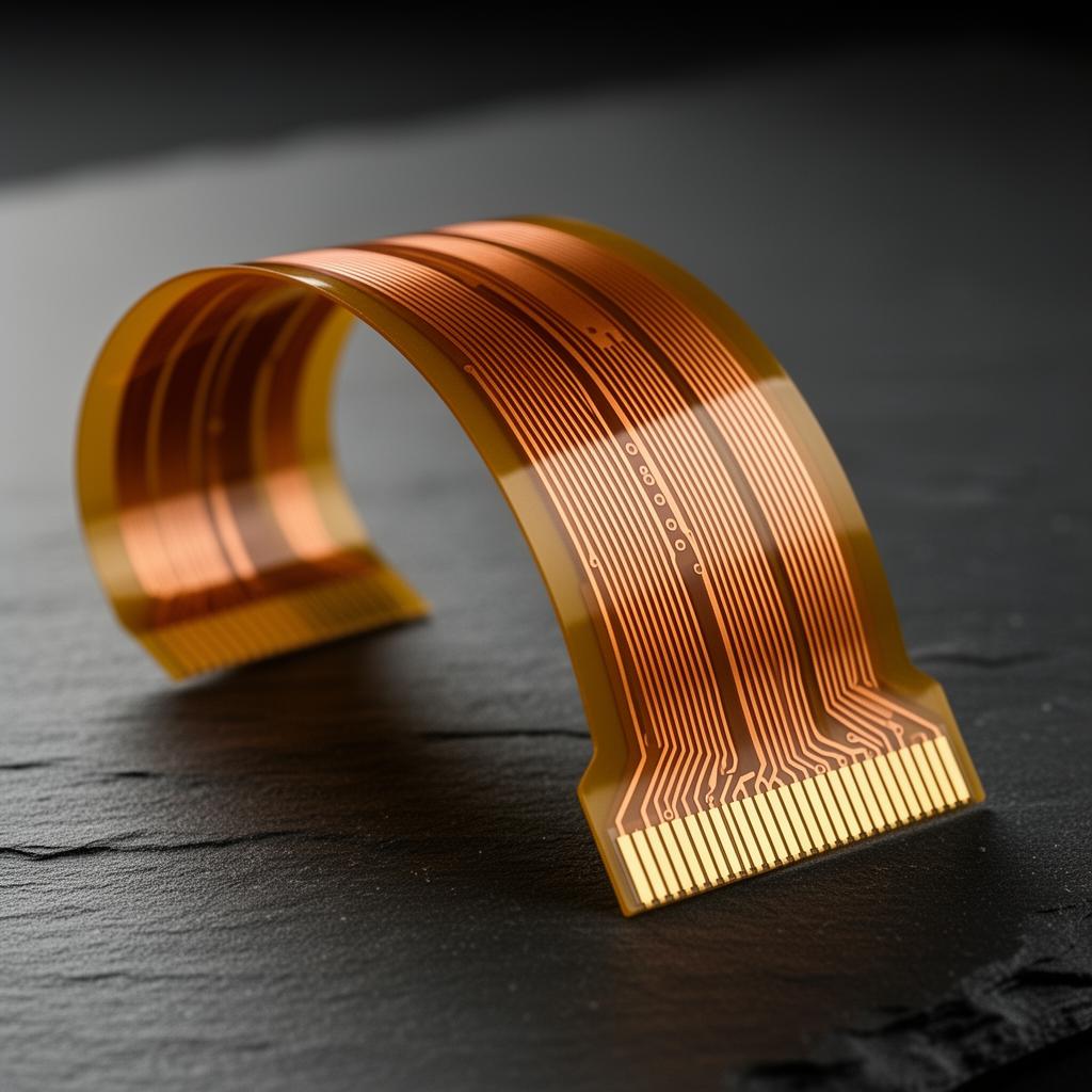 Amber polyimide flex PCB curved on slate