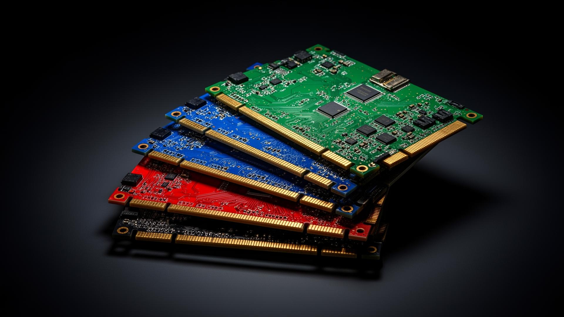Stack of PCB samples in green, blue, red, and black